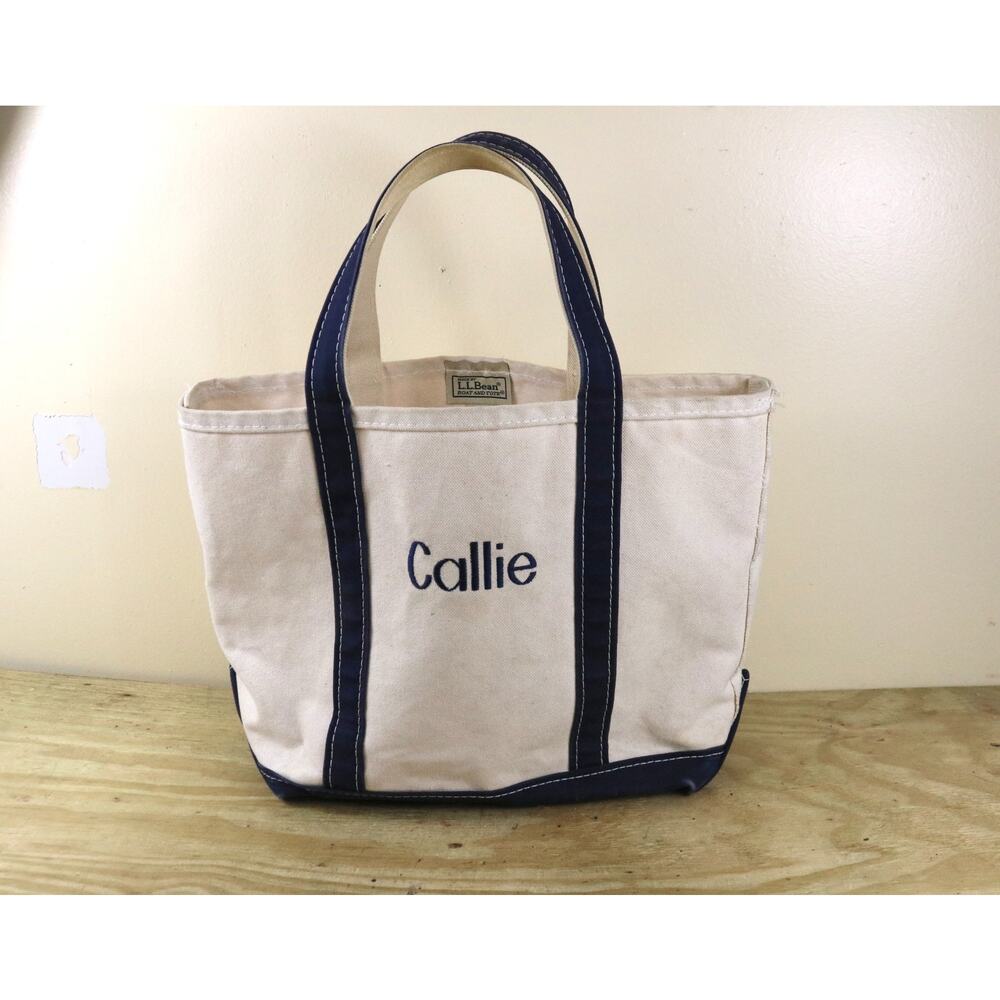 L.L. Bean Bag Canvas Boat Tote Faded White Blue MediumVintage USA